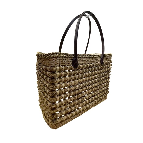 Braided Straw Women’s Beige Tote Bag With Dark Brown Handles Open Weave Style - Picture 4 of 11